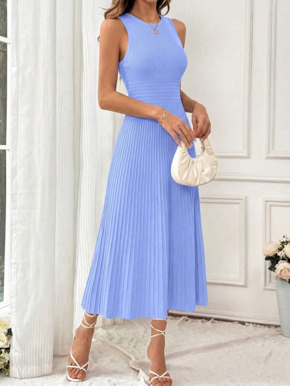 Sleeveless Pleated Midi Dress in Sky Blue